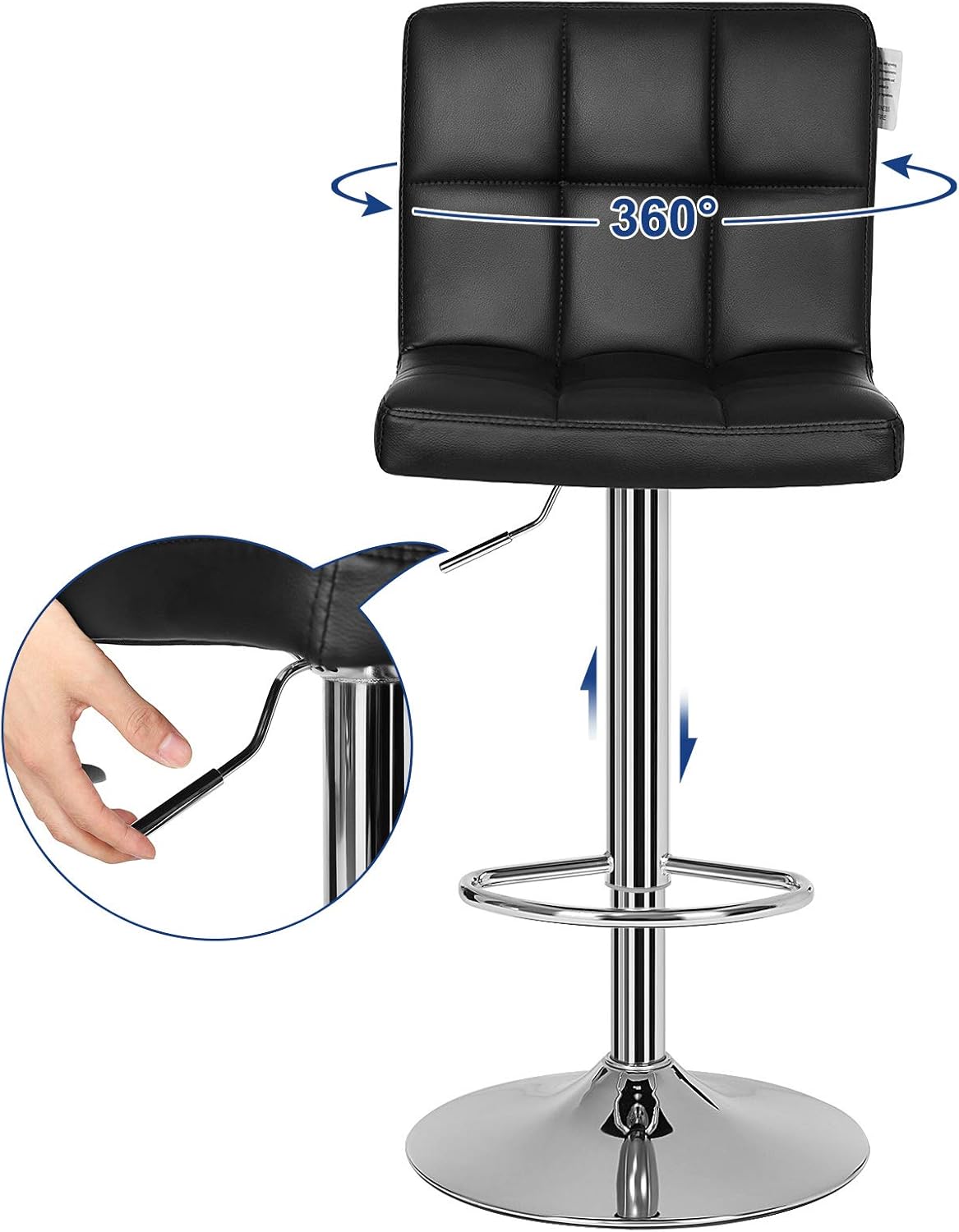 SONGMICS Set 2 scaune bar reglabile pe inaltime, cu spatar, sezut PU si suport picioare, rotatie 360°, 38x45x115 cm, negru