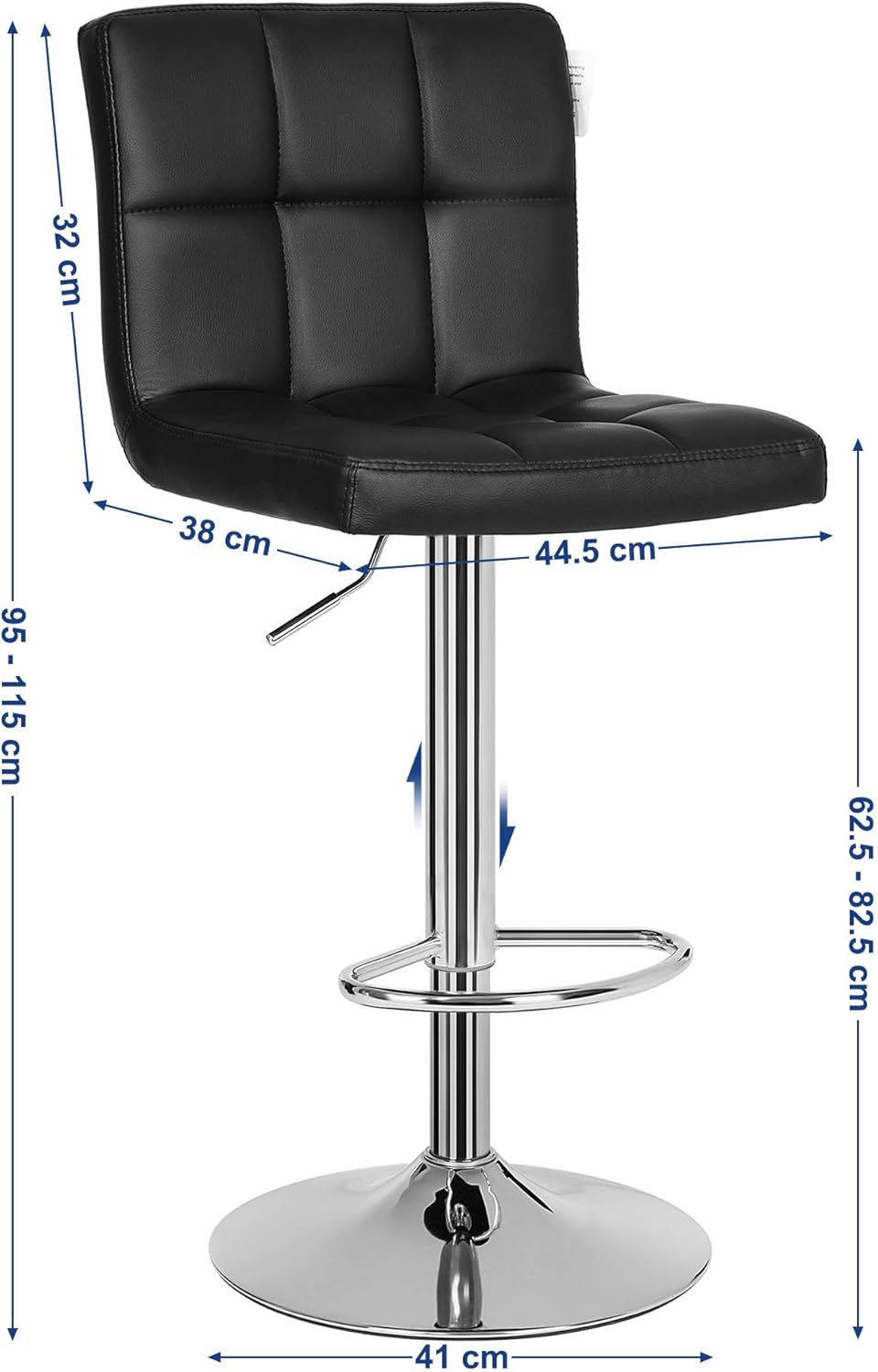 SONGMICS Set 2 scaune bar reglabile pe inaltime, cu spatar, sezut PU si suport picioare, rotatie 360°, 38x45x115 cm, negru