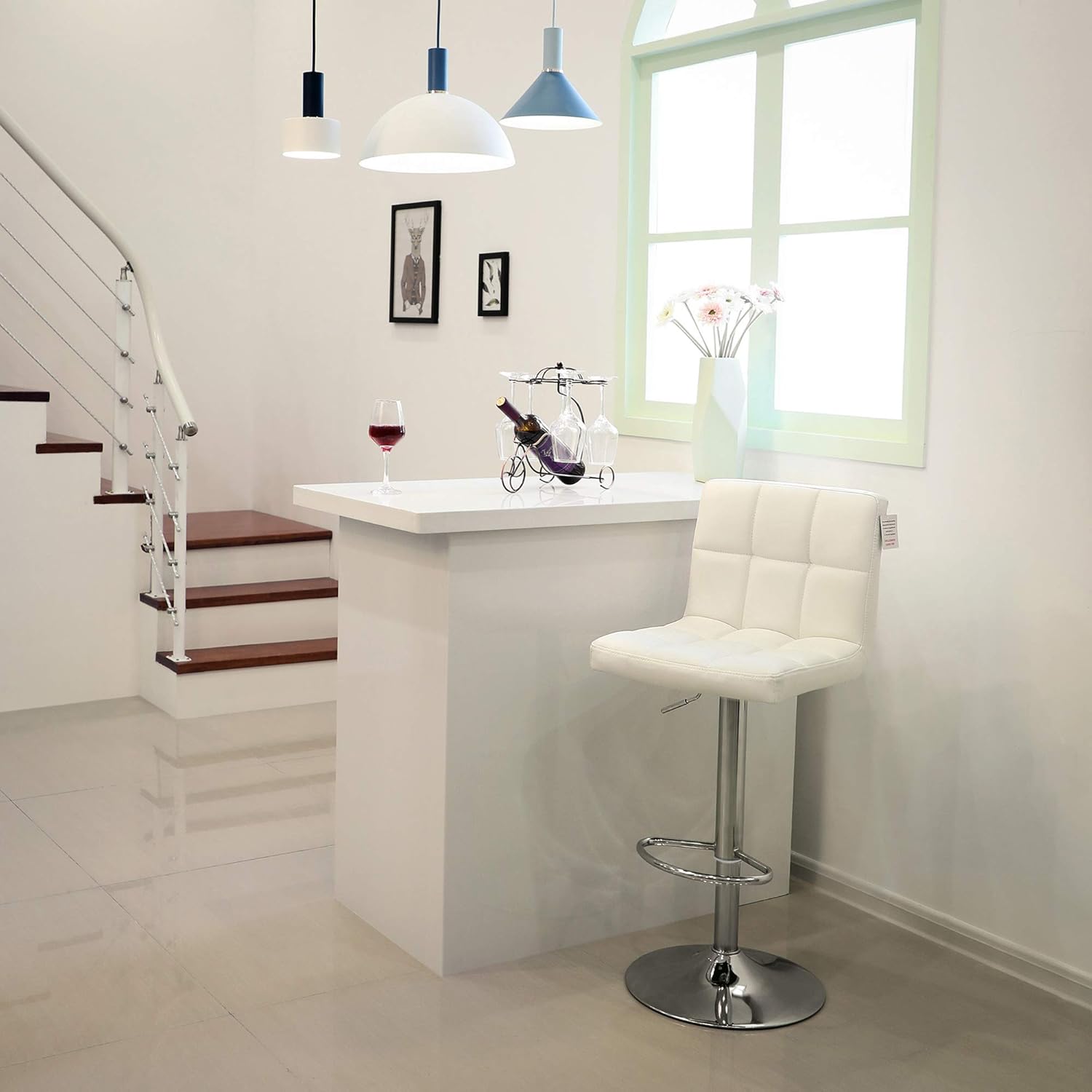 SONGMICS Set 2 scaune bar reglabile pe inaltime, cu spatar, sezut PU si suport picioare, rotatie 360°, 38x45x115 cm, alb