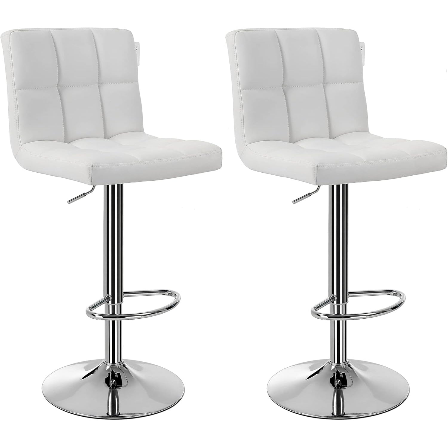SONGMICS Set 2 scaune bar reglabile pe inaltime, cu spatar, sezut PU si suport picioare, rotatie 360°, 38x45x115 cm, alb