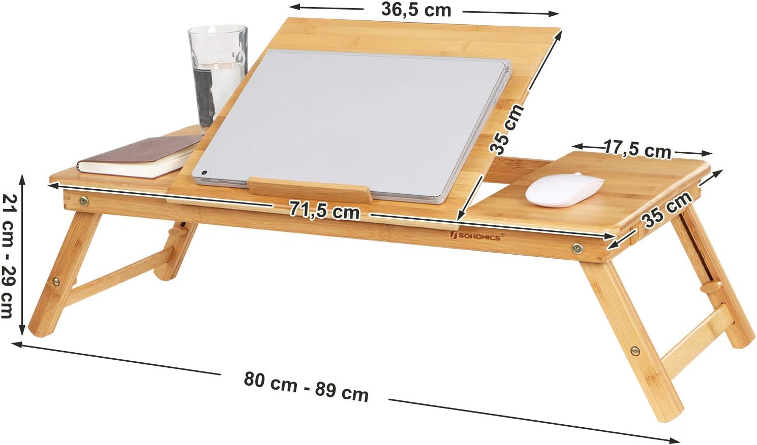 SONGMICS Masa pliabila laptop, din bambus, cu ventilatie si picioare ajustabile, 72x35x29 cm, natur