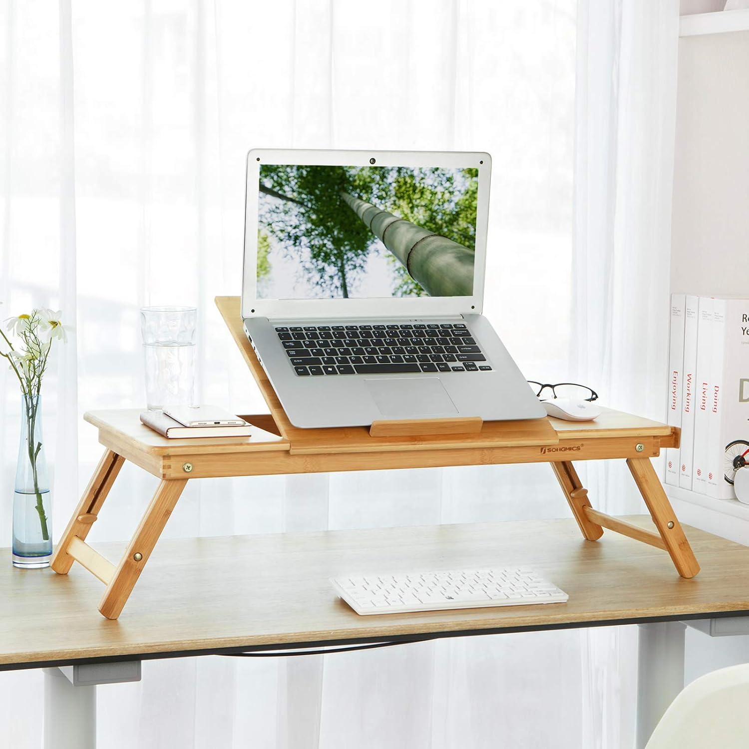 SONGMICS Masa pliabila laptop, din bambus, cu ventilatie si picioare ajustabile, 72x35x29 cm, natur