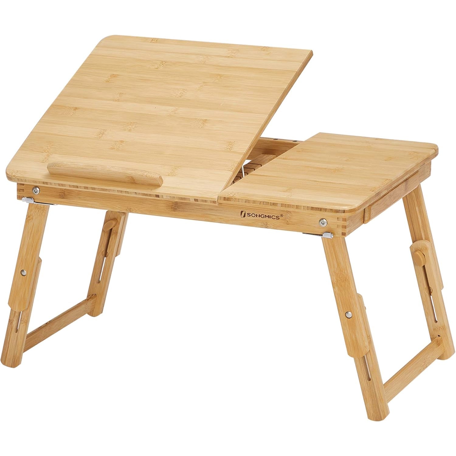 SONGMICS Masuta laptop sau mic dejun, din bambus, reglabila pe inaltime si unghi, cu sertar lateral, 68x35x22-32 cm, natural