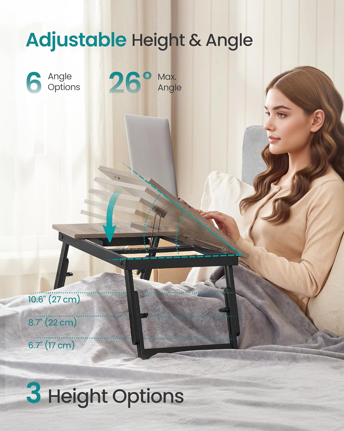 SONGMICS Masa laptop sau mic dejun cu picioare pliabile, din bambus, blat reglabil pe unghi si inaltime, 68x35x32 cm