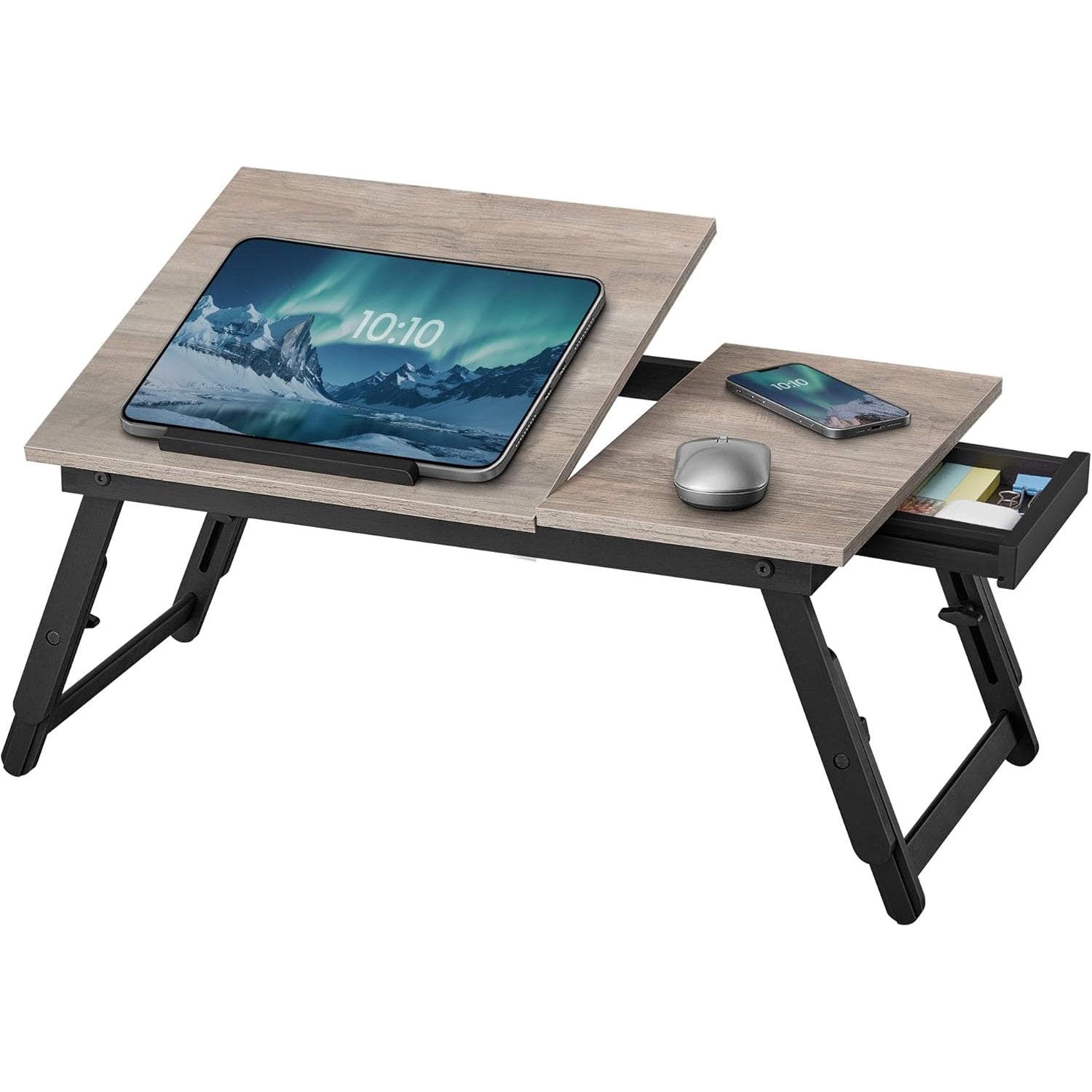 SONGMICS Masa laptop sau mic dejun cu picioare pliabile, din bambus, blat reglabil pe unghi si inaltime, 68x35x32 cm