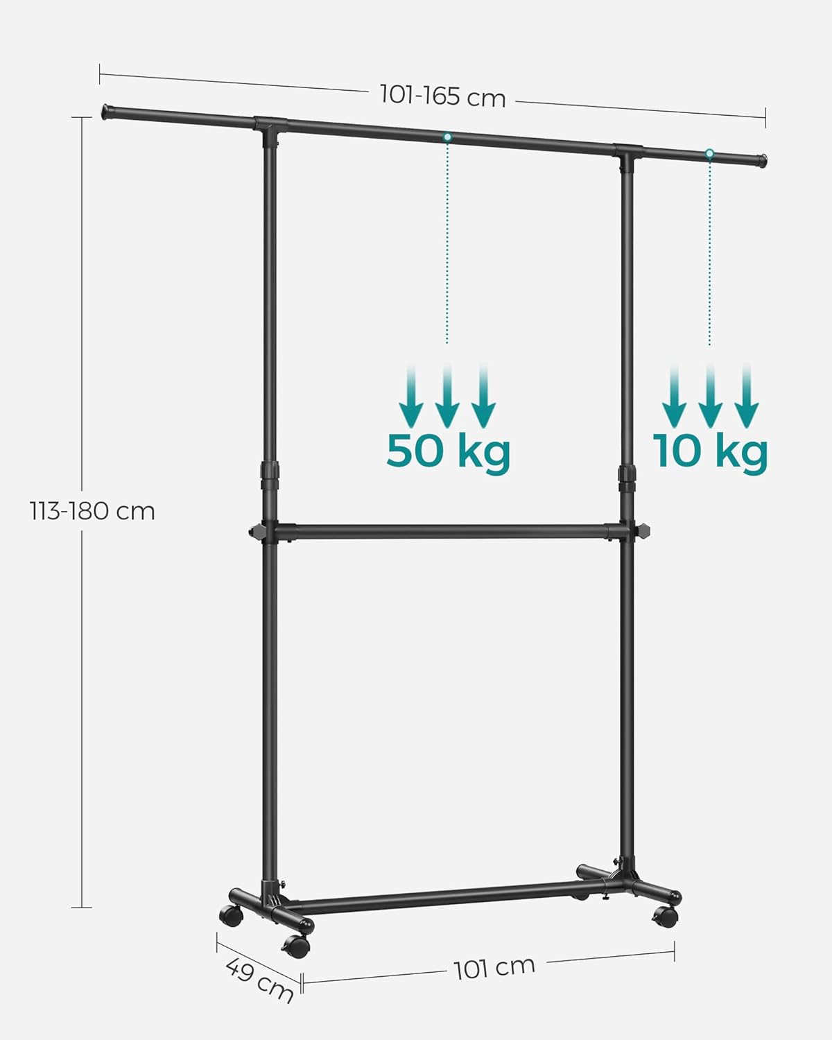 SONGMICS Suport haine cu doua bare, roti blocabile, inaltime reglabila, cadru metalic, 101x49x113-180 cm, negru