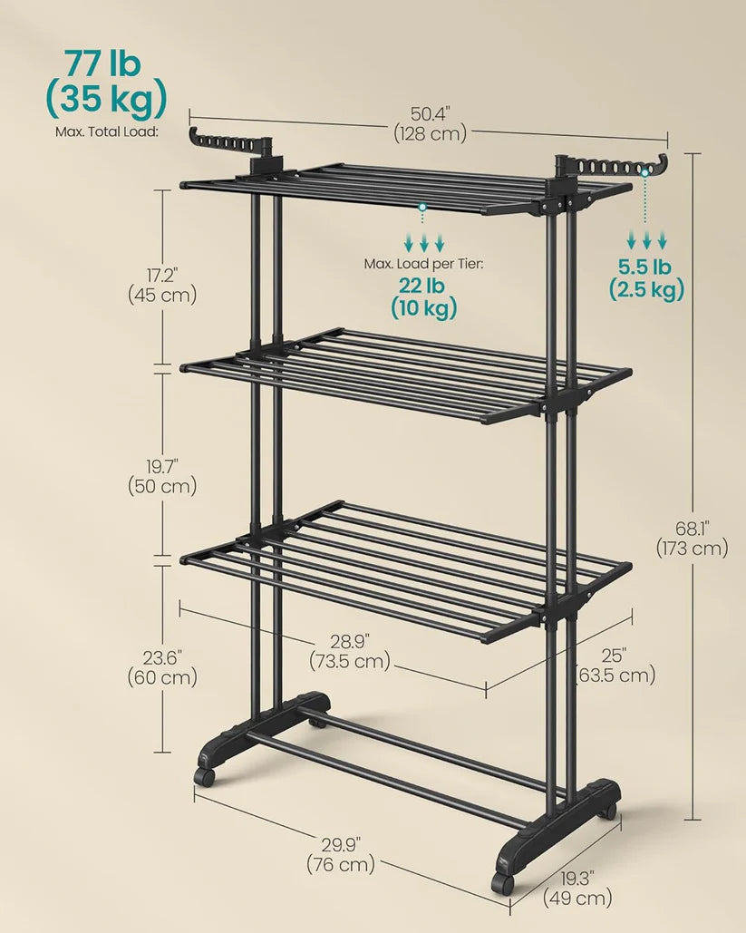 SONGMICS Uscator rufe pliabil cu roti, cu 4 niveluri, din inox si plastic, 2 umerase, 128x64x173 cm, negru