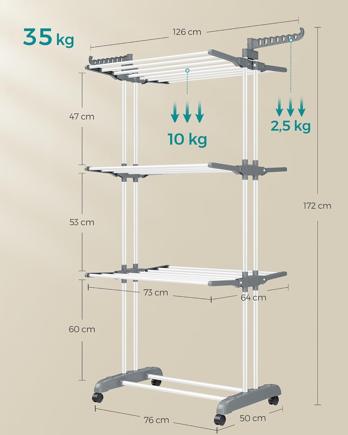 SONGMICS Uscator de rufe pliabil 4 niveluri, cu aripi laterale si roti, otel inoxidabil, 126x64x172 cm, alb