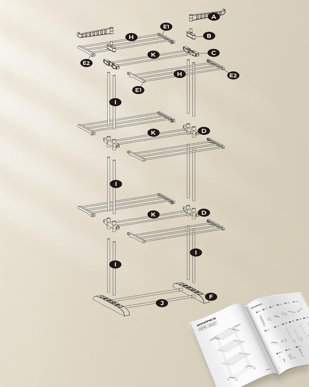 SONGMICS Uscator de rufe pliabil 4 niveluri, cu aripi laterale si roti, otel inoxidabil, 126x64x172 cm, alb