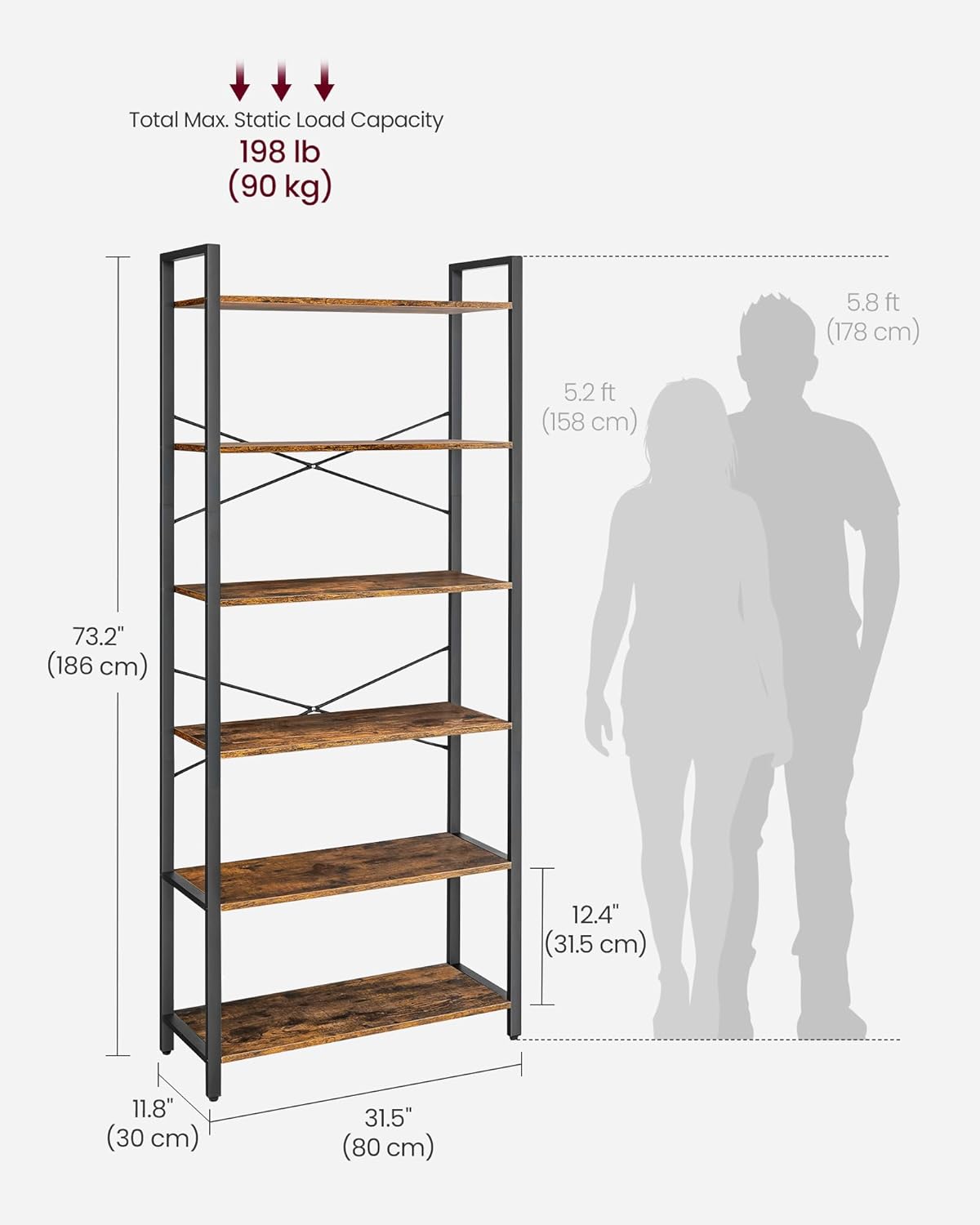 VASAGLE Biblioteca cu 6 rafturi, etajera stil industrial, PAL si cadru metalic, 30x80x186 cm, maro rustic
