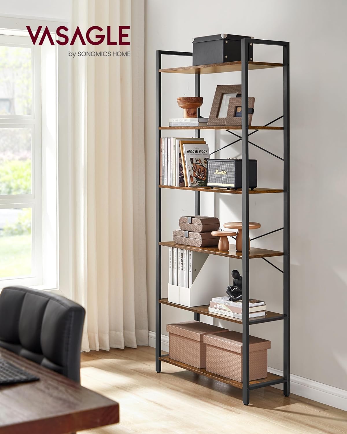 VASAGLE Biblioteca cu 6 rafturi, etajera stil industrial, PAL si cadru metalic, 30x80x186 cm, maro rustic