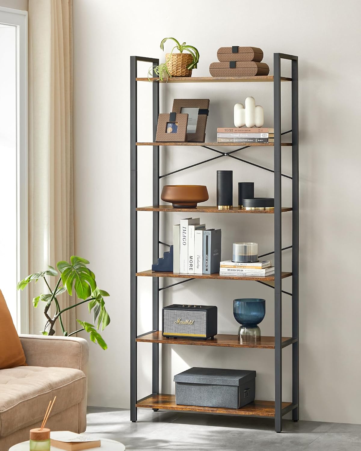 VASAGLE Biblioteca cu 6 rafturi, etajera stil industrial, PAL si cadru metalic, 30x80x186 cm, maro rustic
