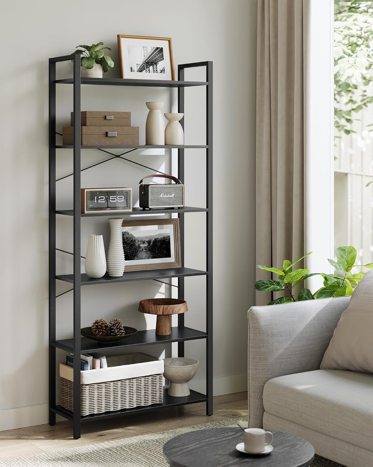 VASAGLE Biblioteca 6 rafturi, cadru metalic si polite PAL, stil industrial, 80x30x186 cm, negru