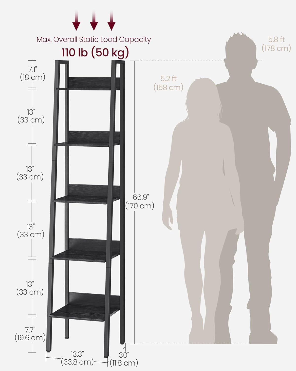 VASAGLE Biblioteca tip scara cu 5 rafturi, design industrial, cadru metalic si rafturi din PAL, 34x30x170 cm, negru
