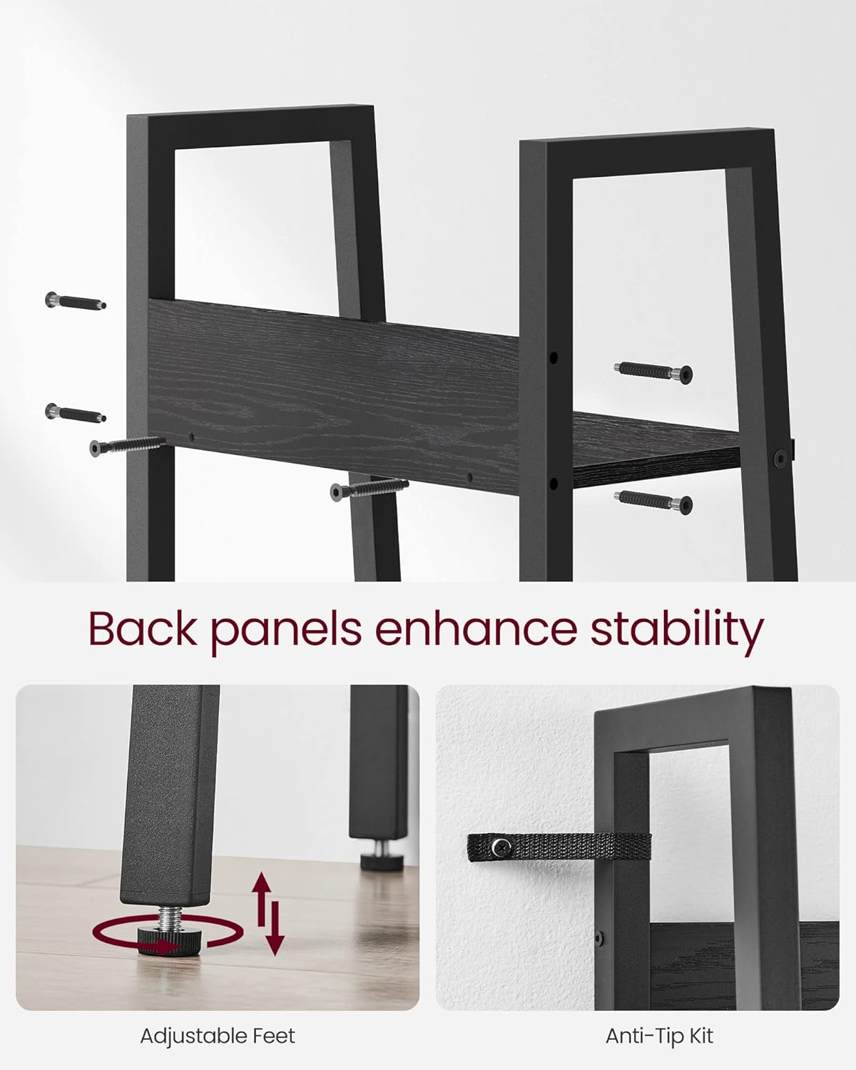 VASAGLE Biblioteca tip scara cu 5 rafturi, design industrial, cadru metalic si rafturi din PAL, 34x30x170 cm, negru