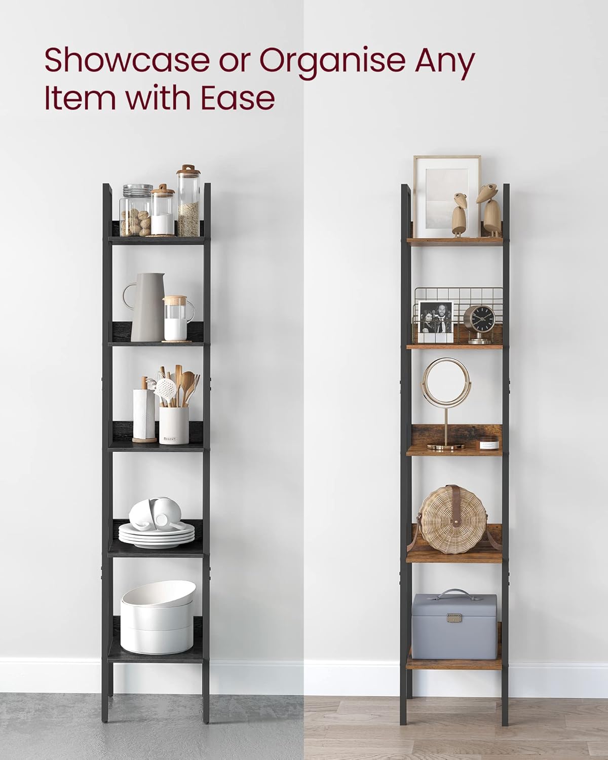 VASAGLE Biblioteca tip scara cu 5 rafturi, design industrial, cadru metalic si rafturi din PAL, 34x30x170 cm, negru