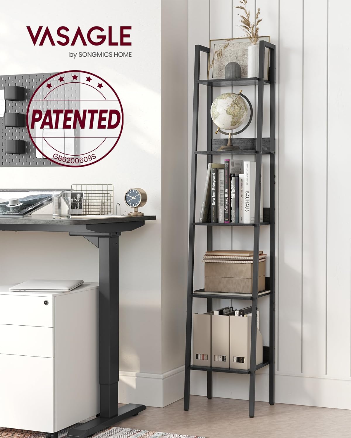 VASAGLE Biblioteca tip scara cu 5 rafturi, design industrial, cadru metalic si rafturi din PAL, 34x30x170 cm, negru