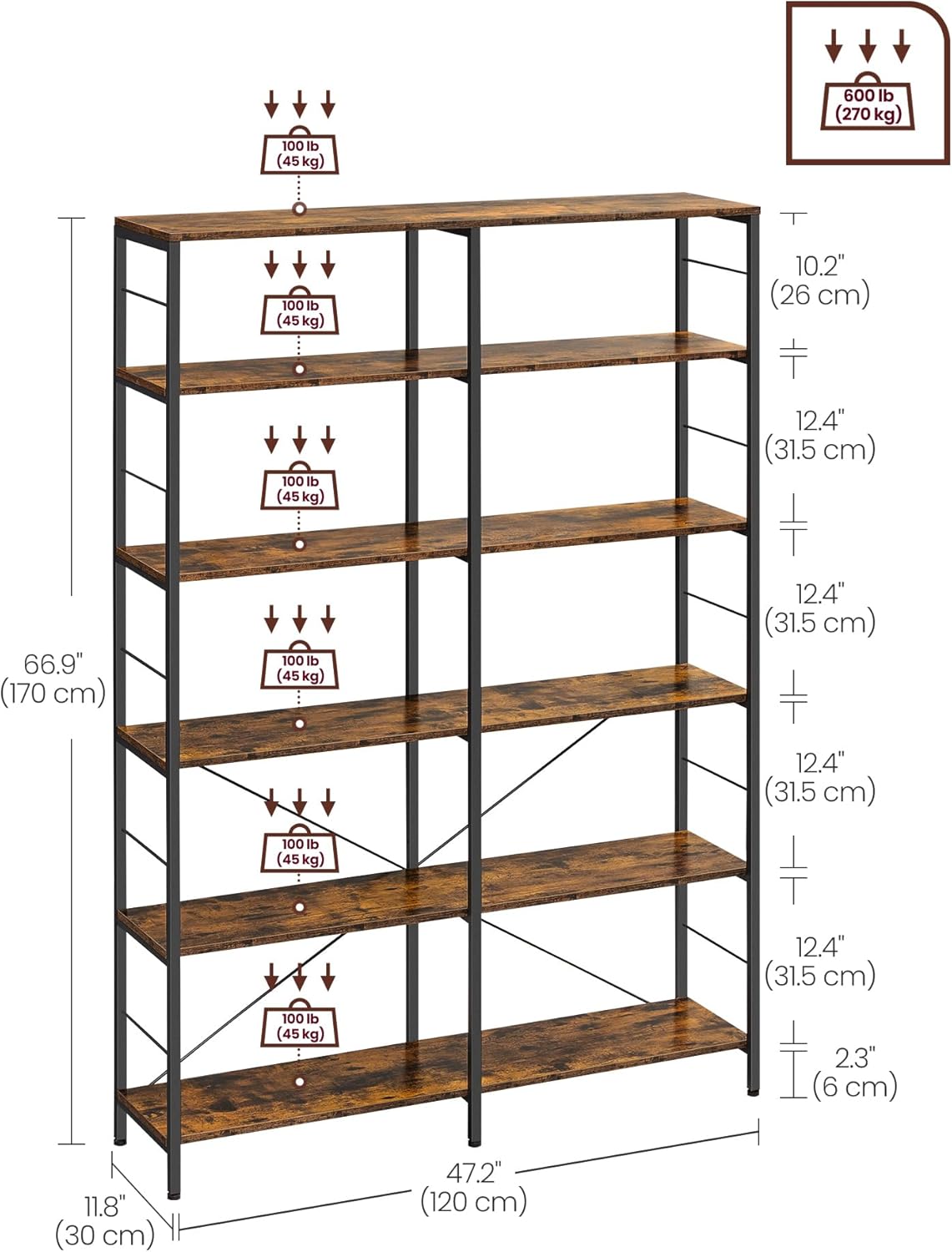 VASAGLE Biblioteca 6 rafturi, cadru metalic, stil industrial, 30x120x170 cm, maro rustic