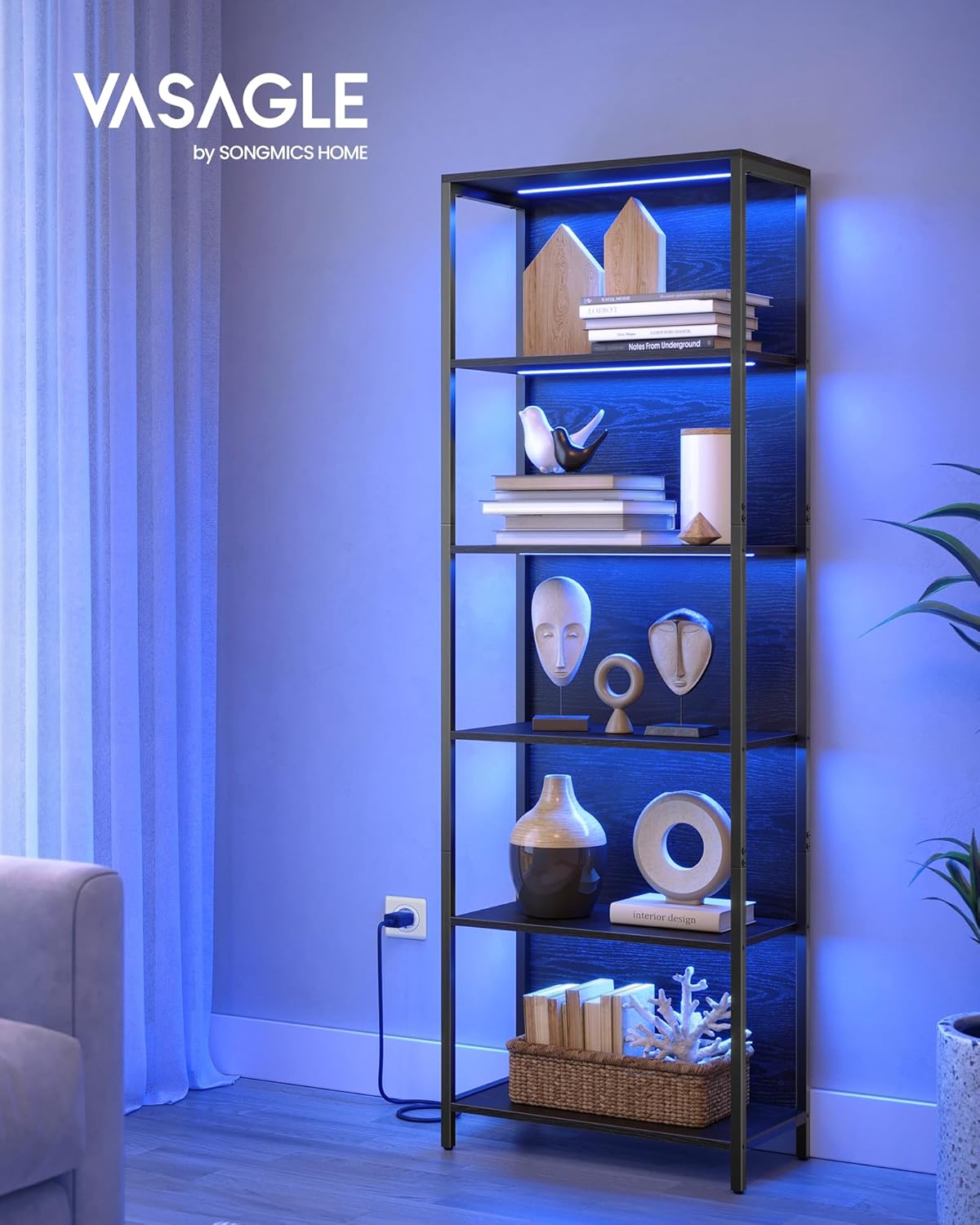 VASAGLE Biblioteca cu 6 rafturi si iluminare LED reglabila 25 culori, cadru metalic, 30x60x179 cm, negru