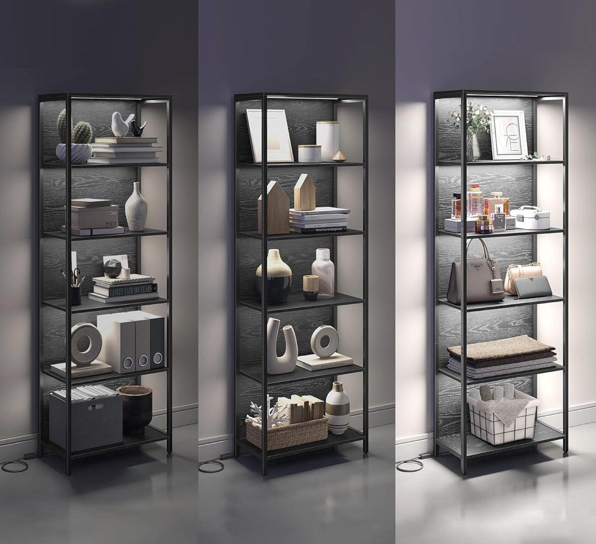 VASAGLE Biblioteca cu 6 rafturi si iluminare LED reglabila 25 culori, cadru metalic, 30x60x179 cm, negru
