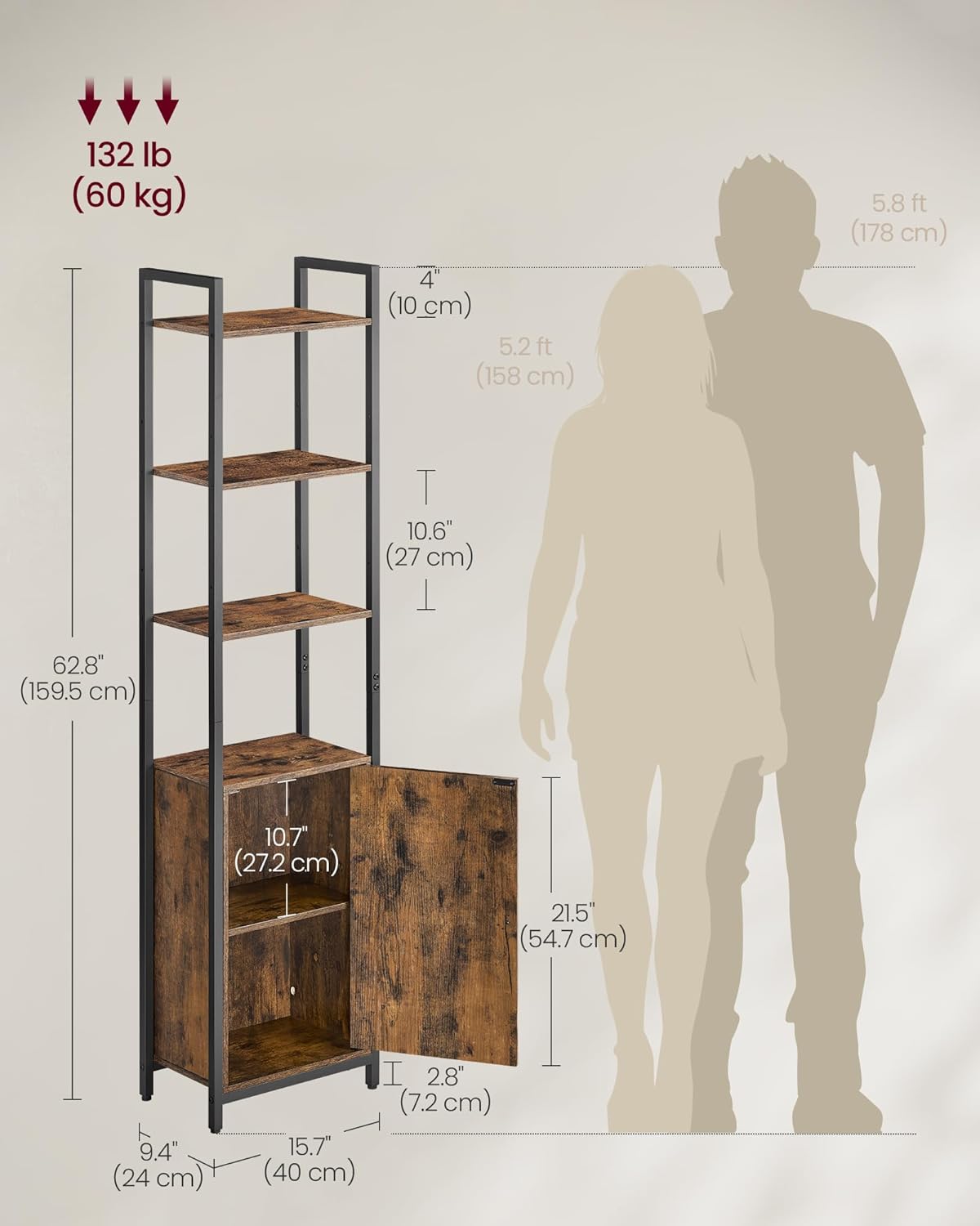VASAGLE Biblioteca inalta cu 6 rafturi si dulap, cadru metalic, rafturi reglabile, stil vintage, 40x24x160 cm, maro rustic