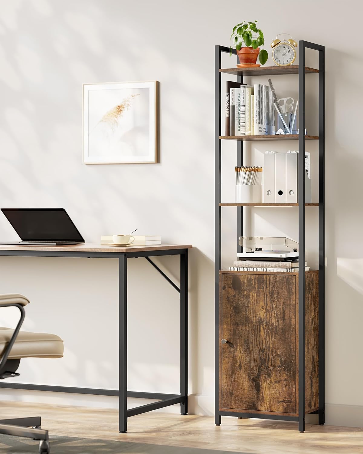 VASAGLE Biblioteca inalta cu 6 rafturi si dulap, cadru metalic, rafturi reglabile, stil vintage, 40x24x160 cm, maro rustic