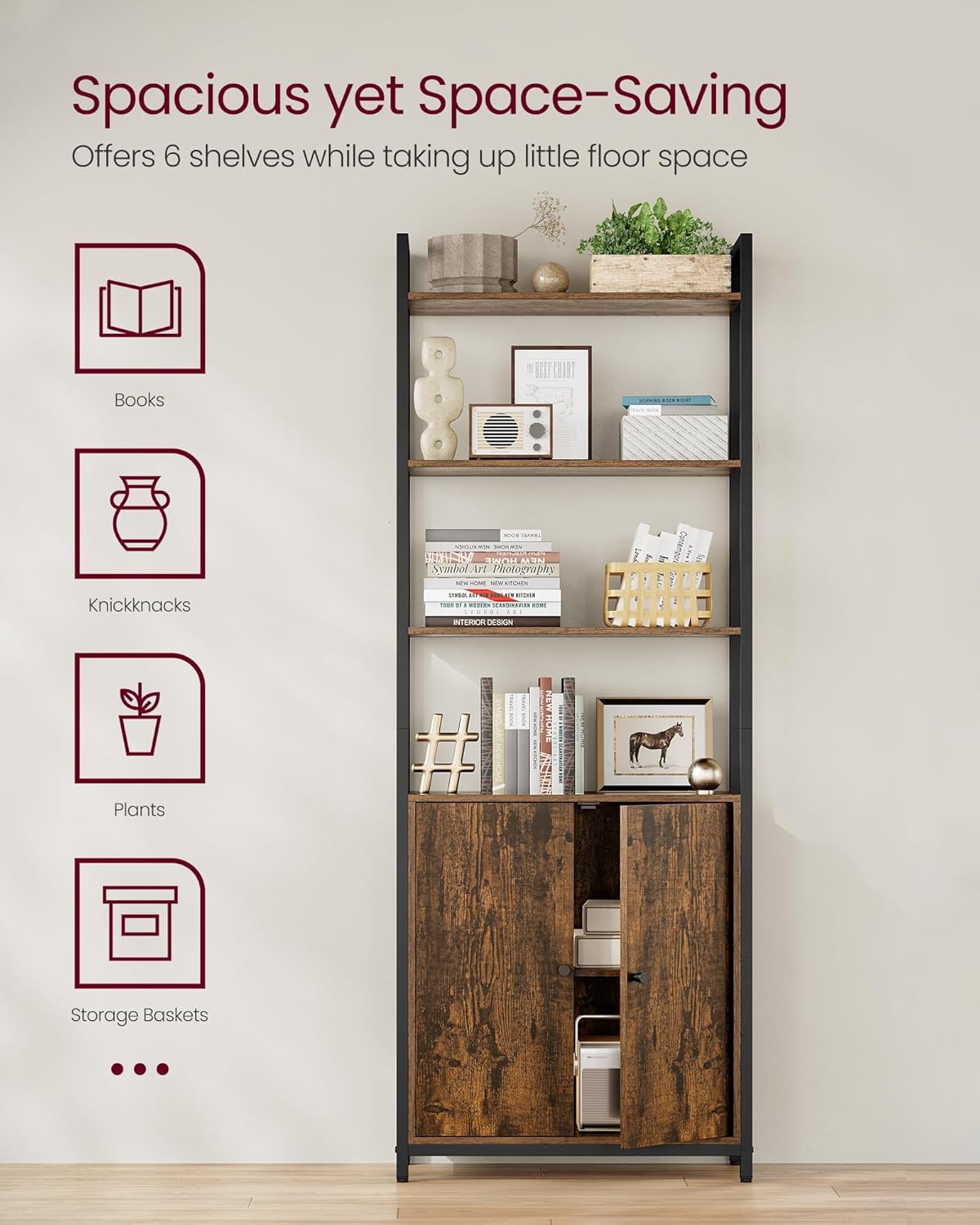 VASAGLE Biblioteca cu rafturi deschise si dulap integrat, cadru metalic si PAL, 24x60x160 cm, maro rustic