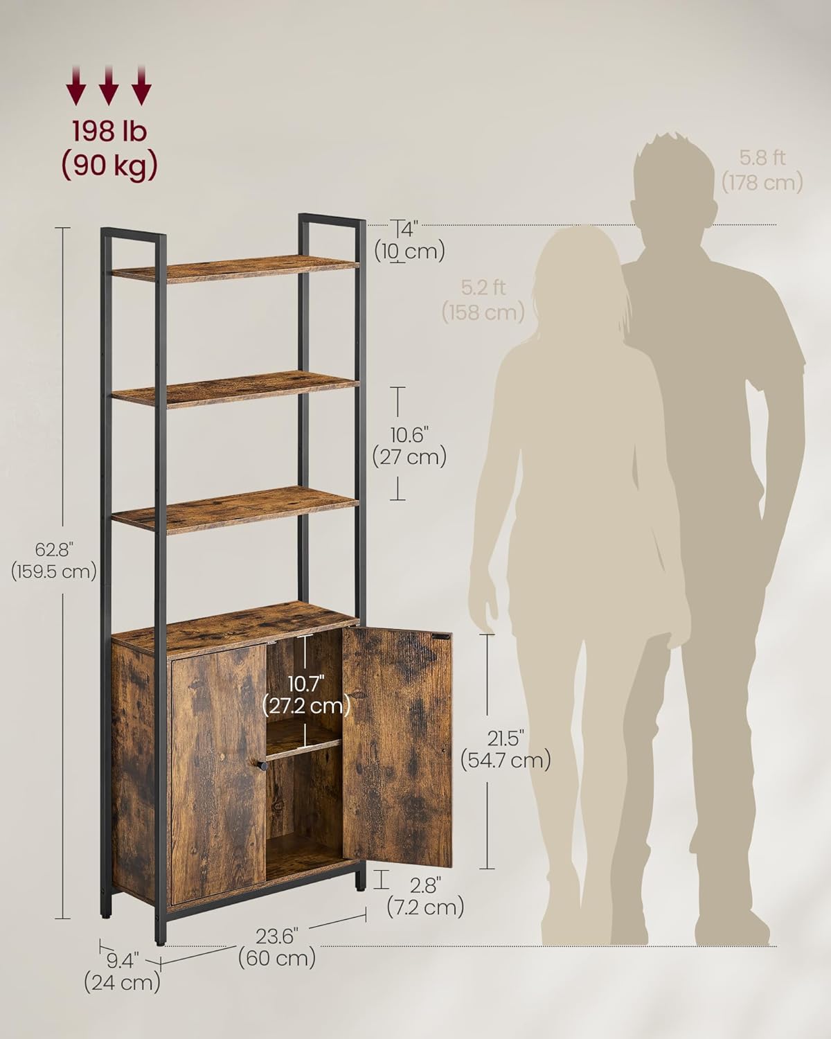 VASAGLE Biblioteca cu rafturi deschise si dulap integrat, cadru metalic si PAL, 24x60x160 cm, maro rustic