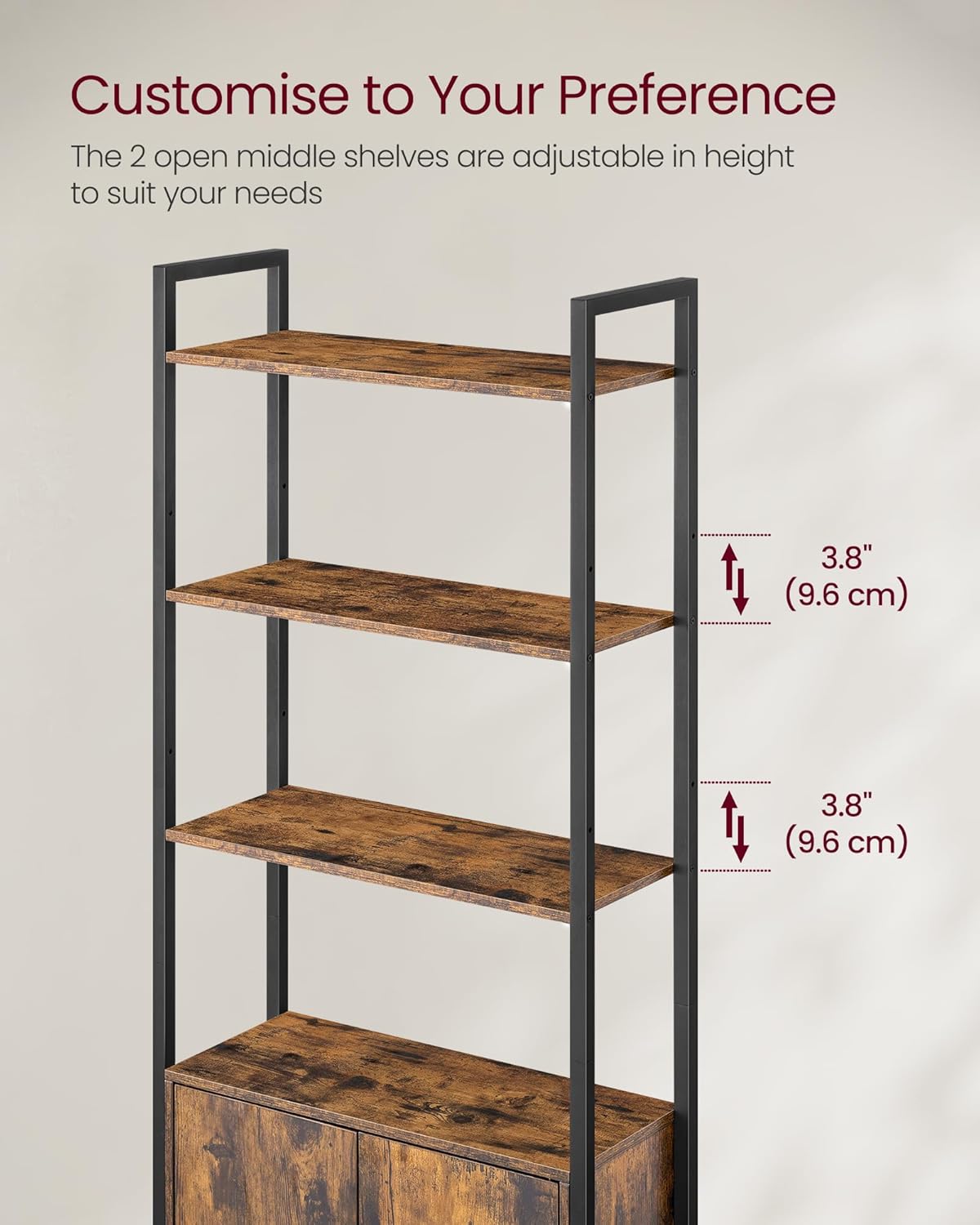 VASAGLE Biblioteca cu rafturi deschise si dulap integrat, cadru metalic si PAL, 24x60x160 cm, maro rustic