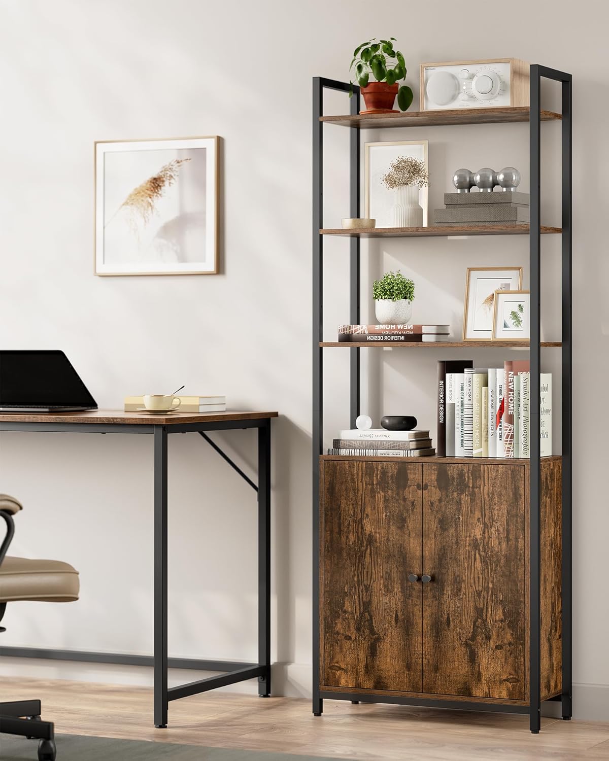 VASAGLE Biblioteca cu rafturi deschise si dulap integrat, cadru metalic si PAL, 24x60x160 cm, maro rustic