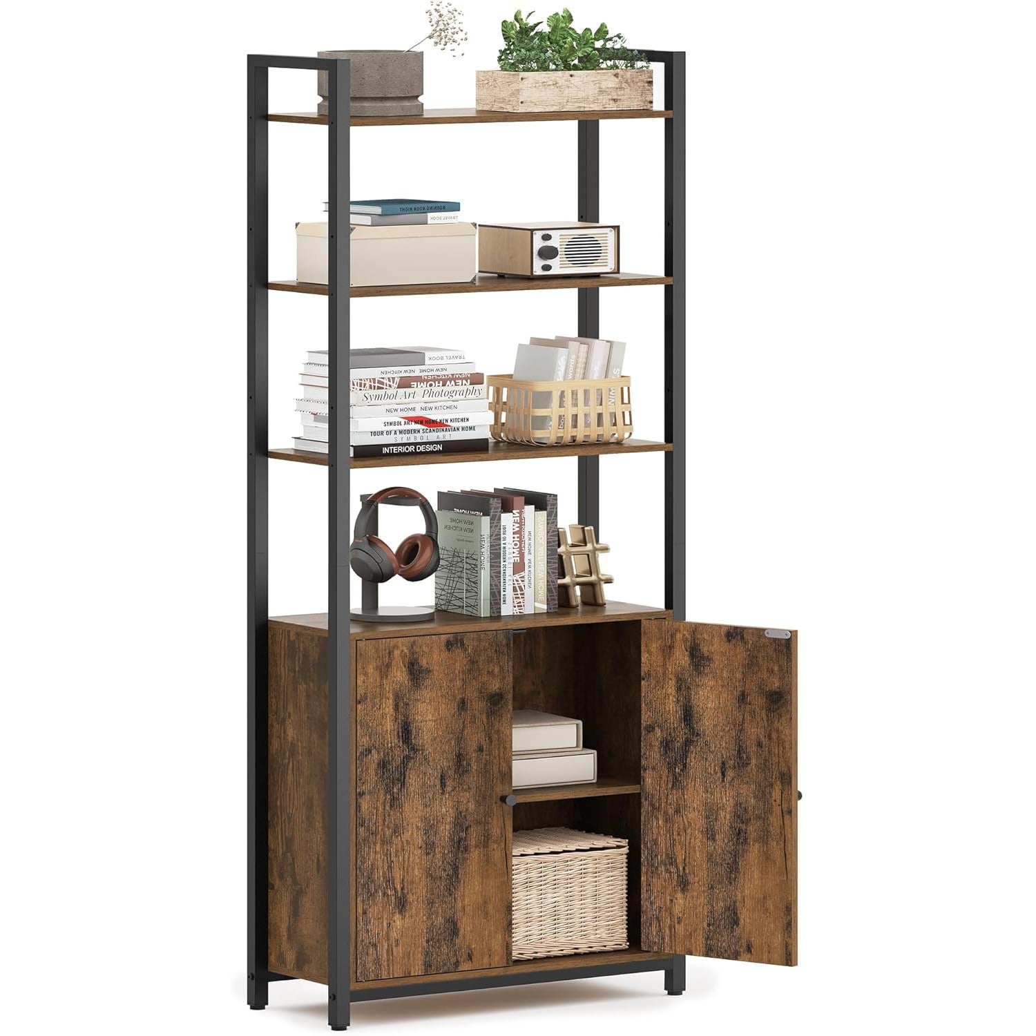 VASAGLE Biblioteca cu rafturi deschise si dulap integrat, cadru metalic si PAL, 24x60x160 cm, maro rustic