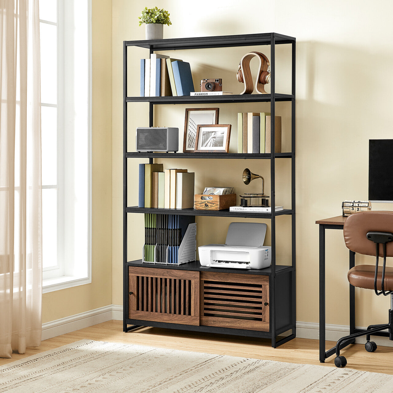 VASAGLE Biblioteca cu 5 rafturi si dulap, rama metalica si finisaj MDF nuc, 100x35x180 cm, negru