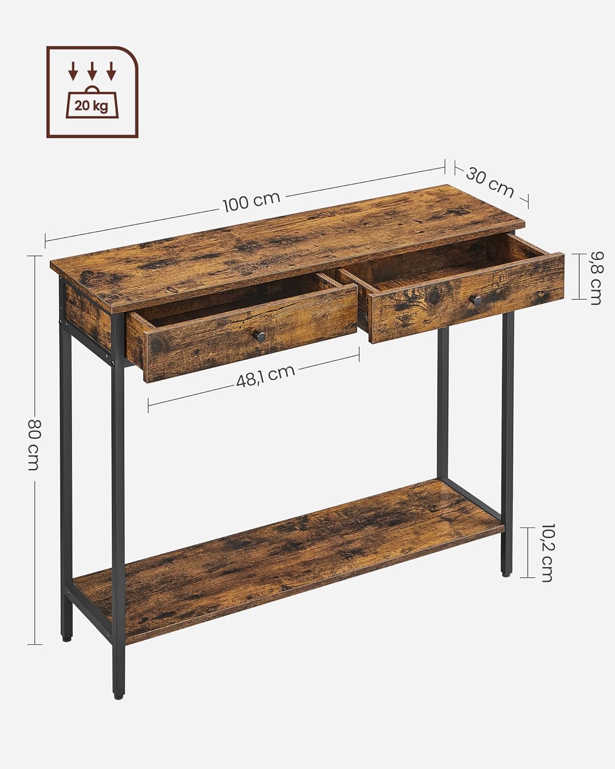 VASAGLE Masa consola pentru hol cu 2 sertare, stil industrial, PAL si cadru metalic, 100x30x80 cm, maro rustic