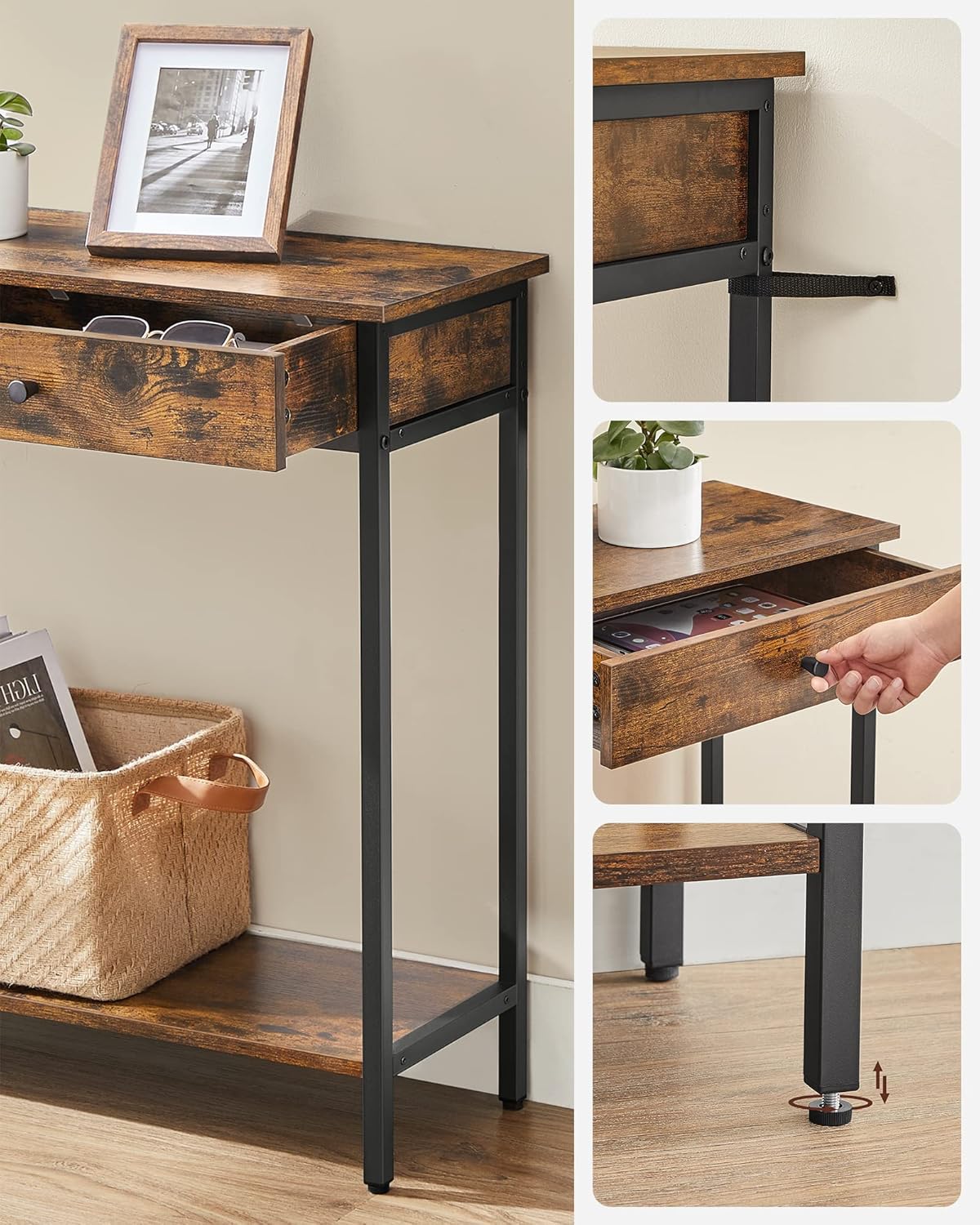 VASAGLE Masa consola pentru hol cu 2 sertare, stil industrial, PAL si cadru metalic, 100x30x80 cm, maro rustic