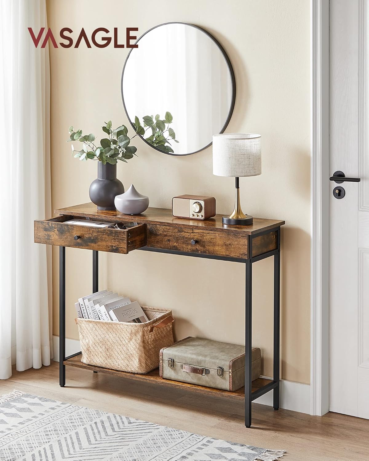 VASAGLE Masa consola pentru hol cu 2 sertare, stil industrial, PAL si cadru metalic, 100x30x80 cm, maro rustic