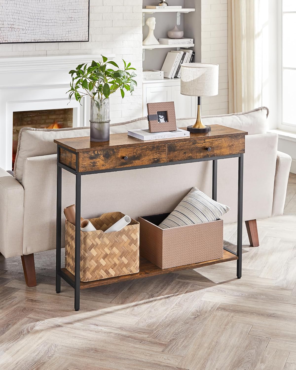 VASAGLE Masa consola pentru hol cu 2 sertare, stil industrial, PAL si cadru metalic, 100x30x80 cm, maro rustic
