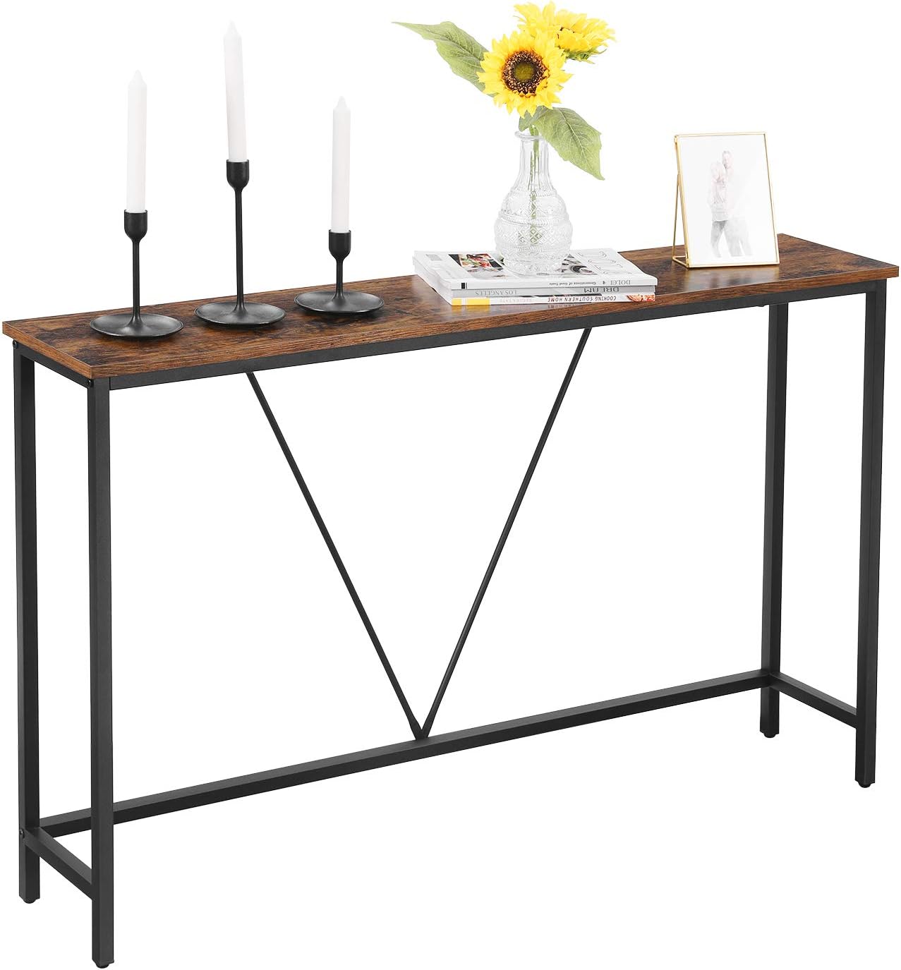 VASAGLE Masa tip consola cu cadru metalic, design industrial, 120x23x74 cm, maro rustic