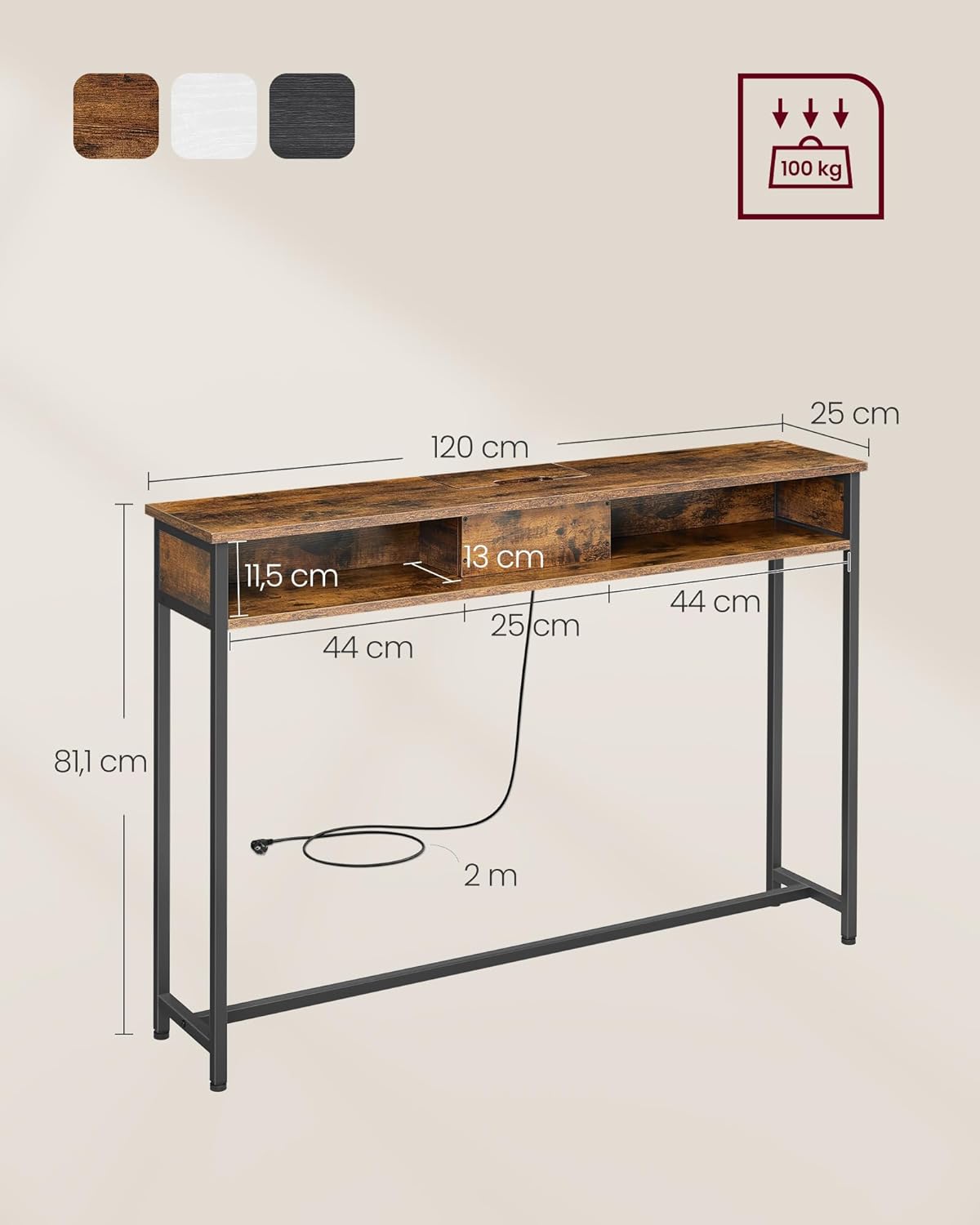 VASAGLE Masa tip consola ingusta, cu 2 prize si 2 porturi USB incorporate, 120x25x81 cm, maro rustic