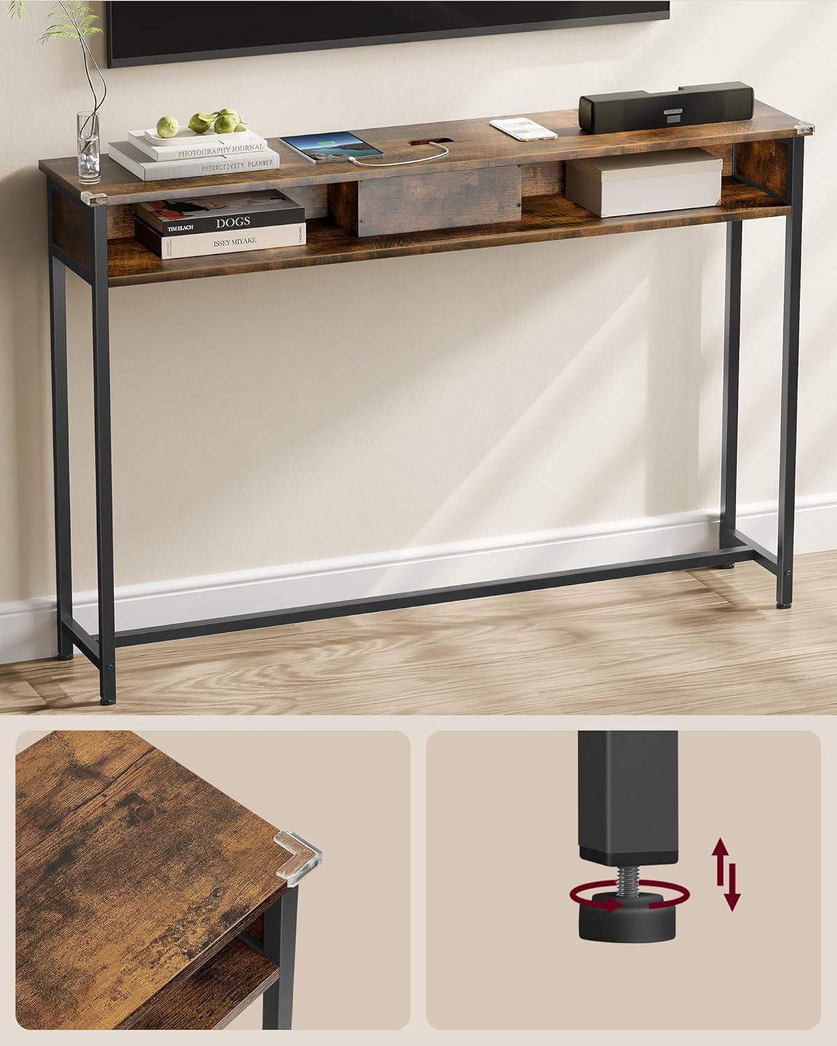 VASAGLE Masa tip consola ingusta, cu 2 prize si 2 porturi USB incorporate, 120x25x81 cm, maro rustic