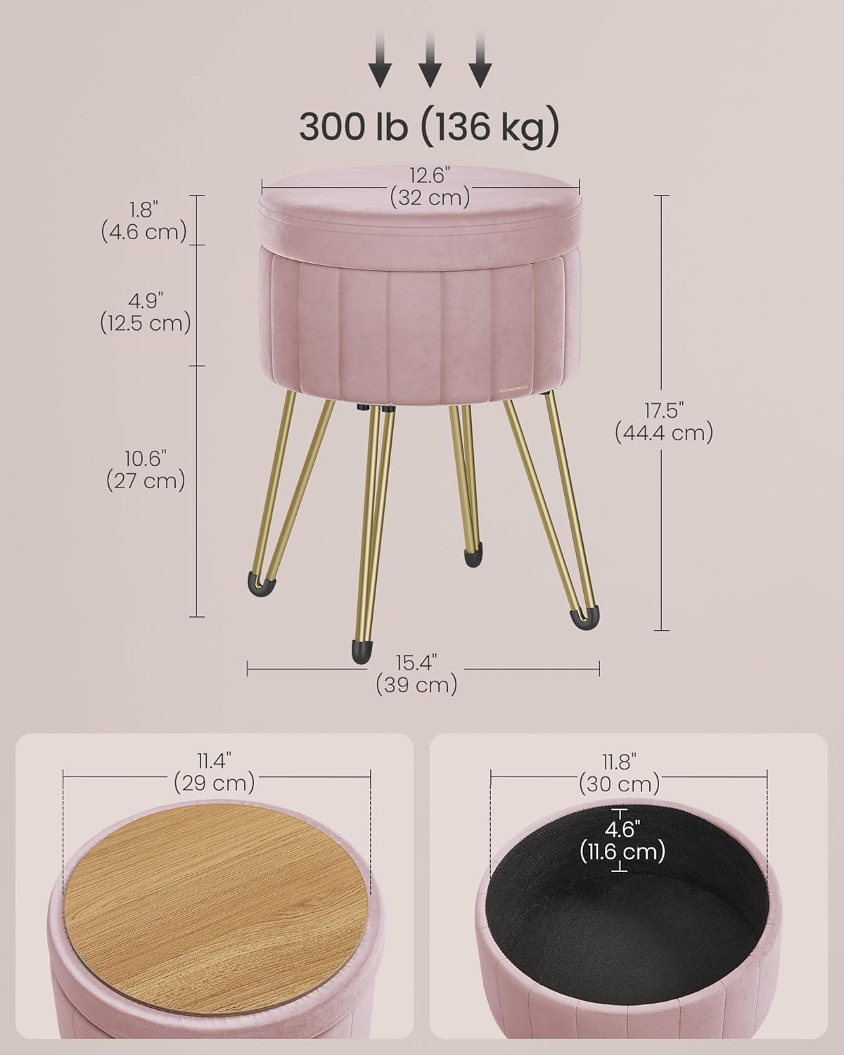SONGMICS Taburet rotund cu spatiu de depozitare, tapitat catifea, 32x39x44 cm, roz