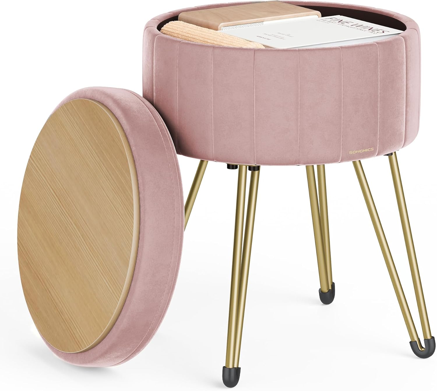 SONGMICS Taburet rotund cu spatiu de depozitare, tapitat catifea, 32x39x44 cm, roz