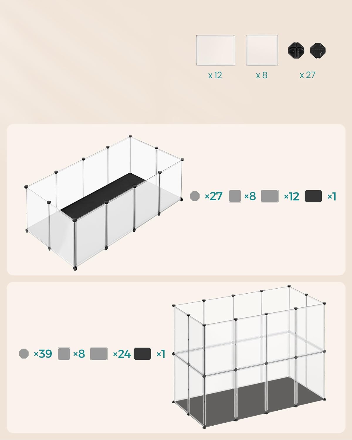 SONGMICS Tarc animale mici modular cu placi de baza si covoras impermeabil, 143x73x46 cm, transparent