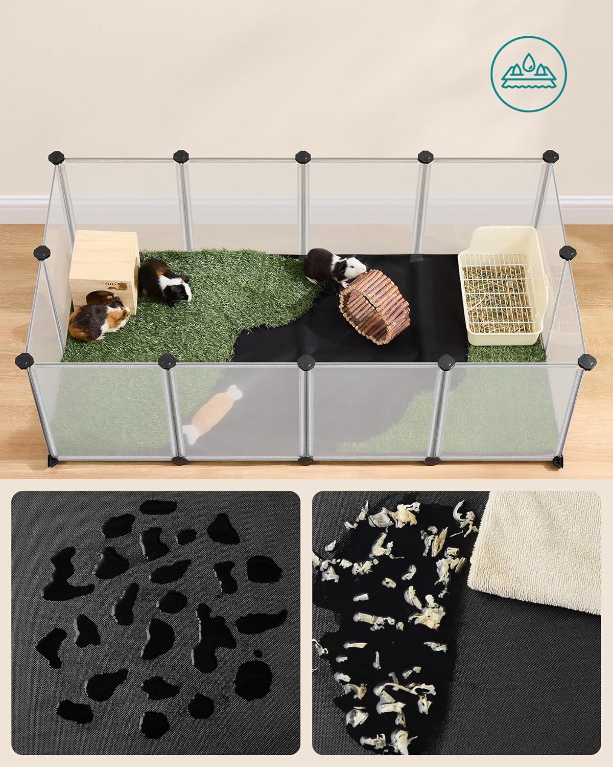 SONGMICS Tarc animale mici modular cu placi de baza si covoras impermeabil, 145x73x57 cm, transparent