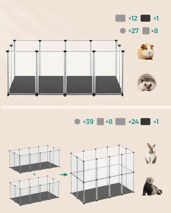 SONGMICS Tarc animale mici modular cu placi de baza si covoras impermeabil, 145x73x57 cm, transparent