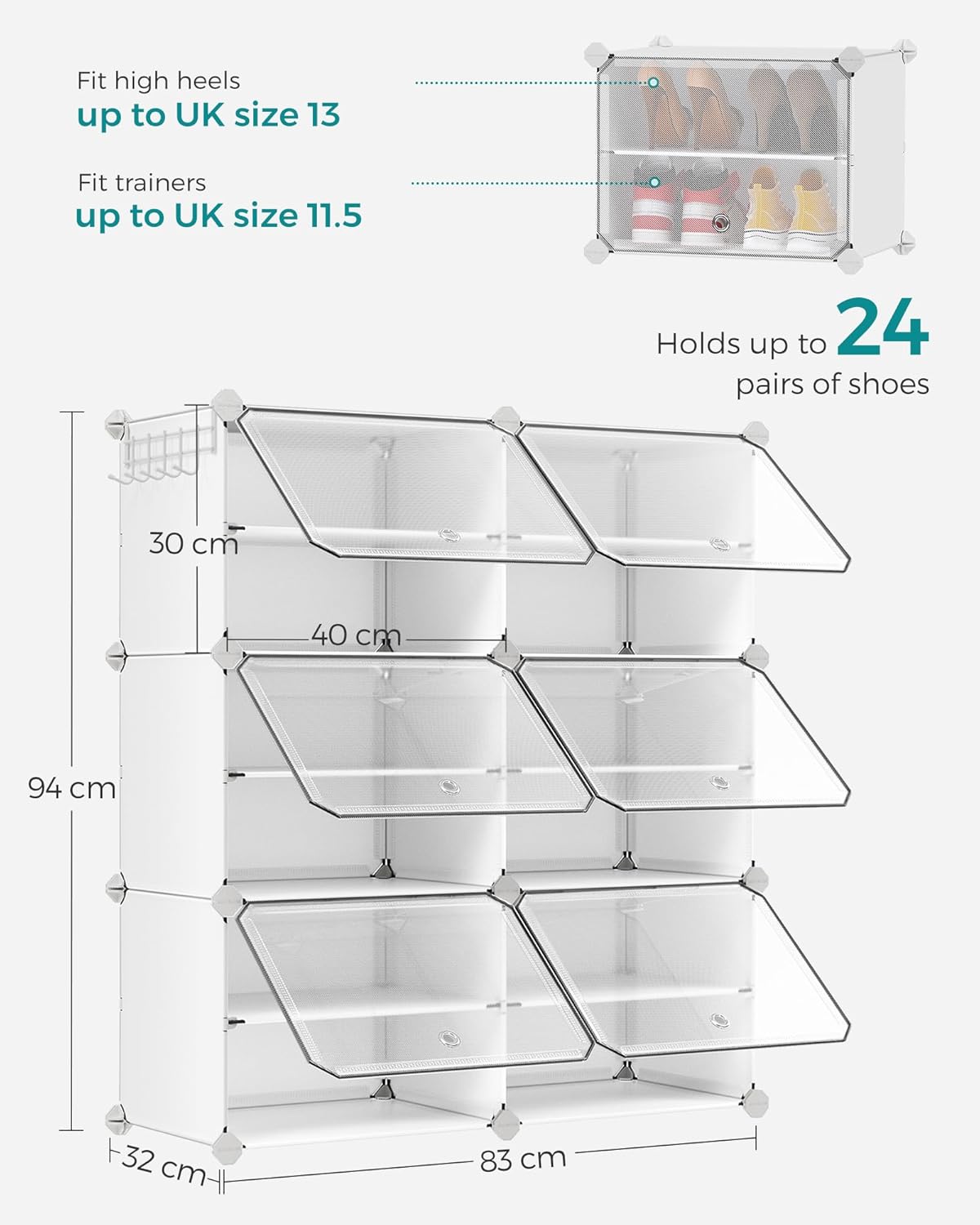 SONGMICS Dulap pantofi modular 6 compartimente, cu usi si cadru metalic, organizator incaltaminte, 32x124x94 cm, alb