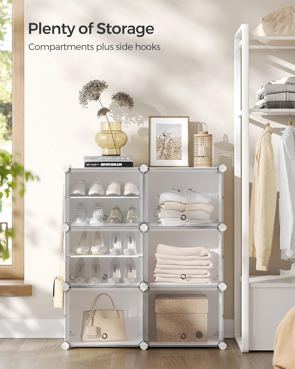 SONGMICS Dulap pantofi modular 6 compartimente, cu usi si cadru metalic, organizator incaltaminte, 32x124x94 cm, alb
