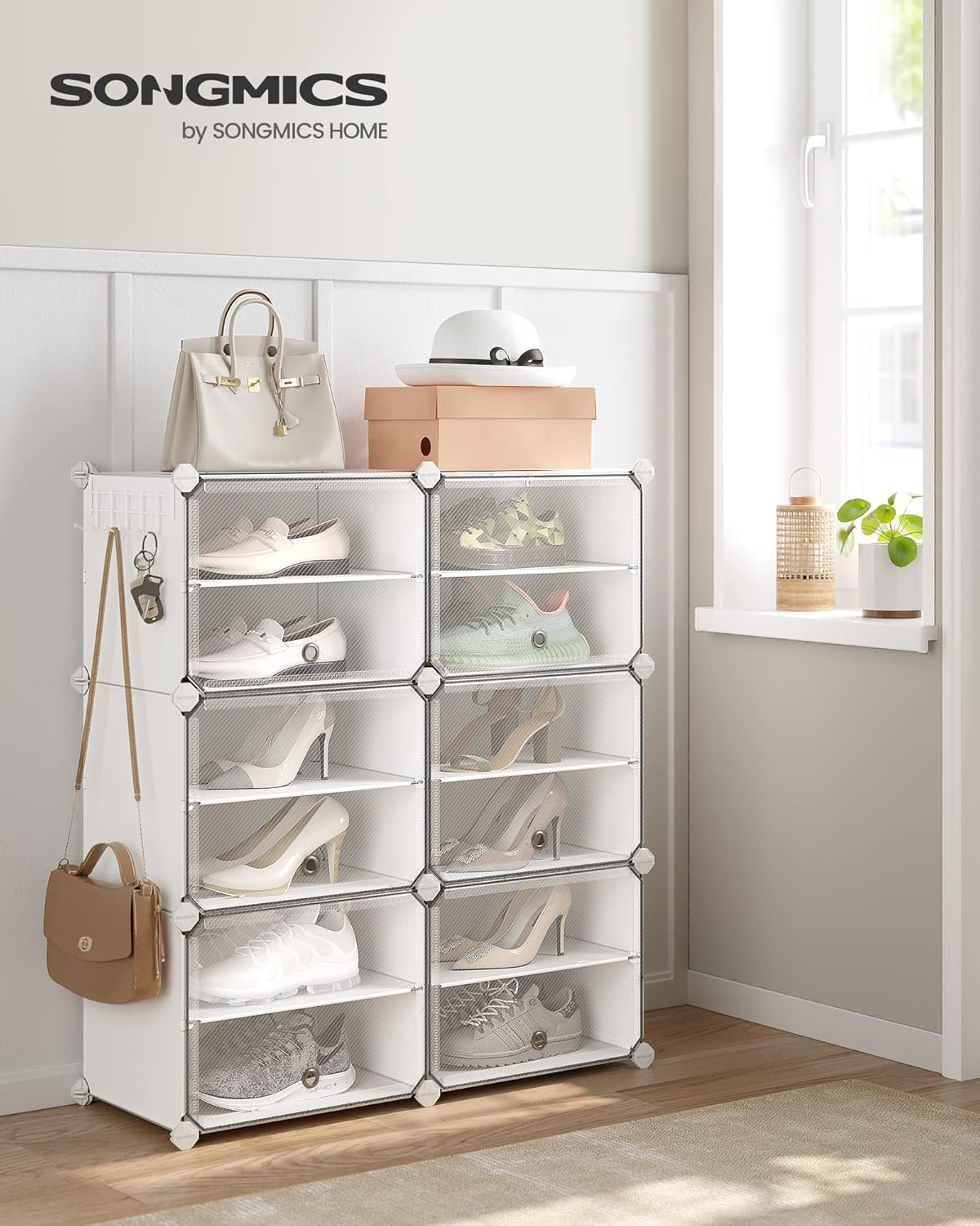 SONGMICS Dulap pantofi modular 6 compartimente, cu usi si cadru metalic, organizator incaltaminte, 32x124x94 cm, alb