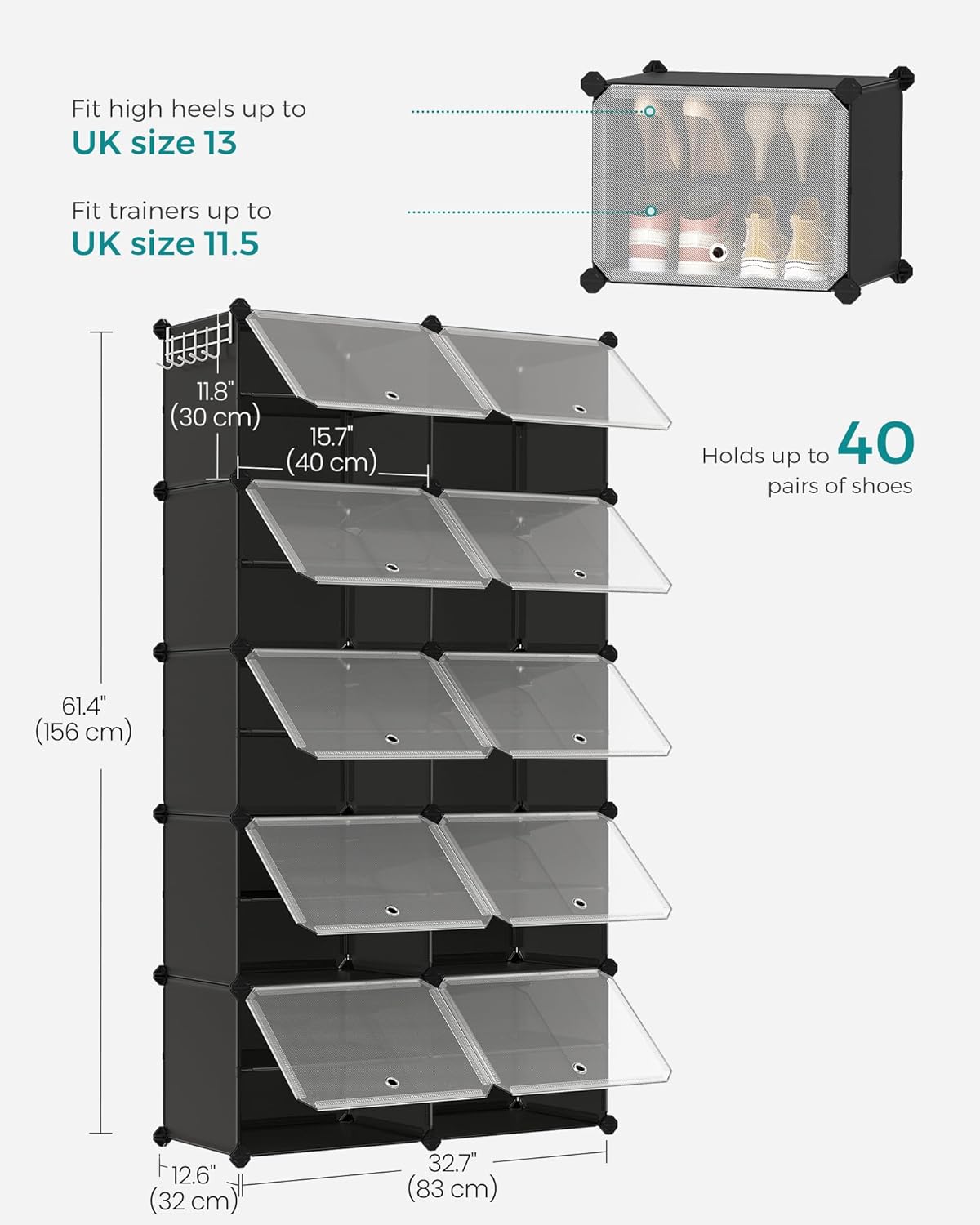 SONGMICS Dulap modular pantofi cu 10 compartimente, cu usi transparente, 83x32x156 cm, negru