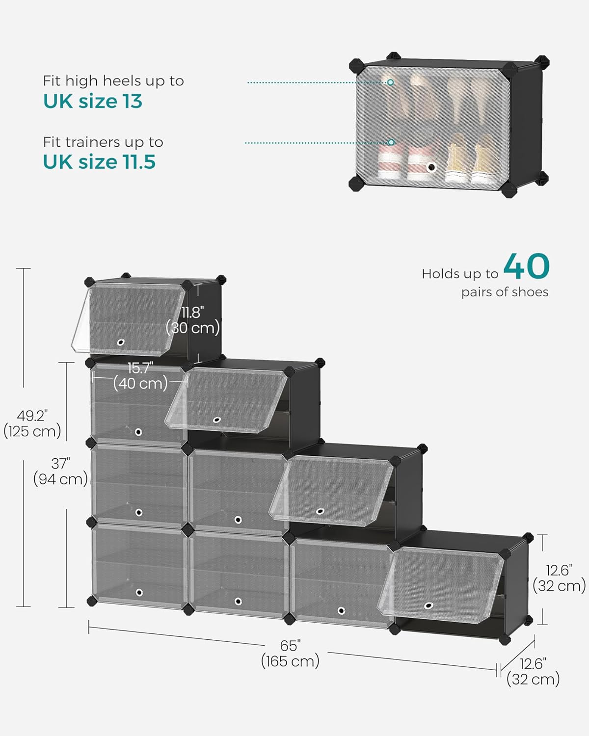 SONGMICS Dulap modular pantofi cu 10 compartimente, cu usi transparente, 83x32x156 cm, negru
