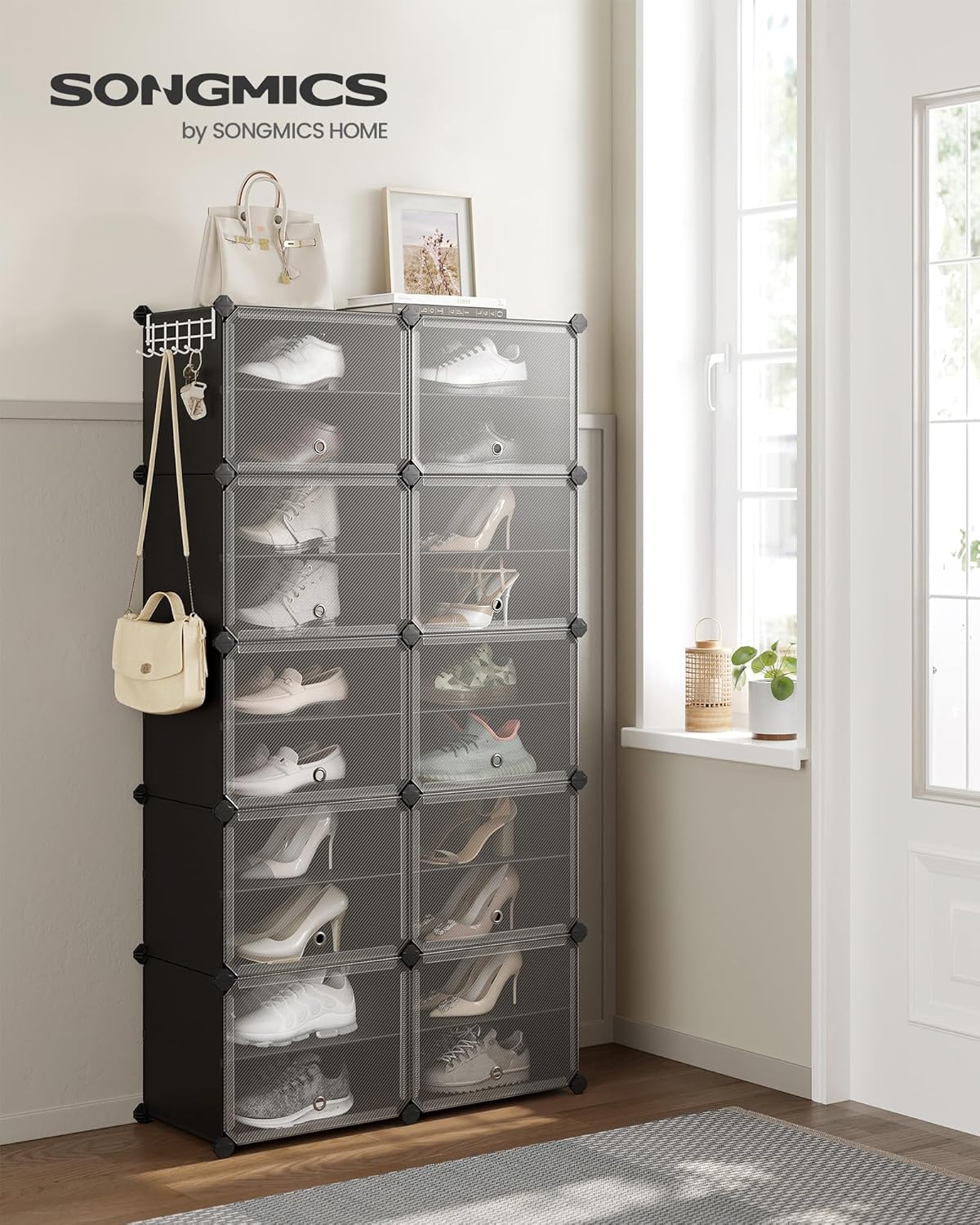 SONGMICS Dulap modular pantofi cu 10 compartimente, cu usi transparente, 83x32x156 cm, negru